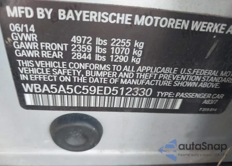 2014 BMW 528I из США, поврежденный, VIN WBA5A5C59ED512330